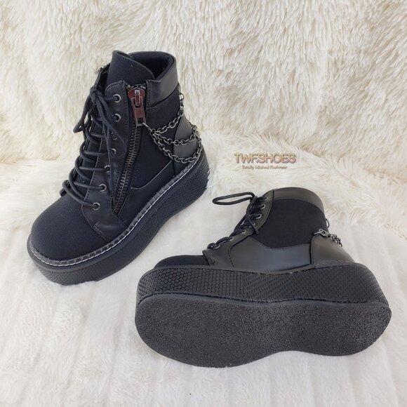 Emily Black Canvas Chain Goth 2" Platform Ankle Boots 114x - Picture 15 of 16